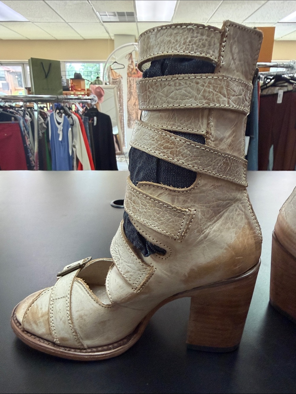 freebird Cream Strappy Buckle Open-Toe Heeled Boots with Denim Inset - Picture 12 of 15